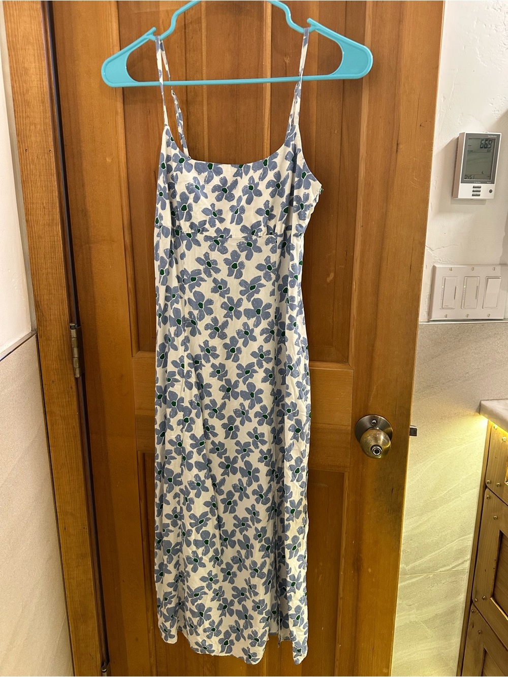 Uniqlo White Dress with Blue Floral Print and Green Accents